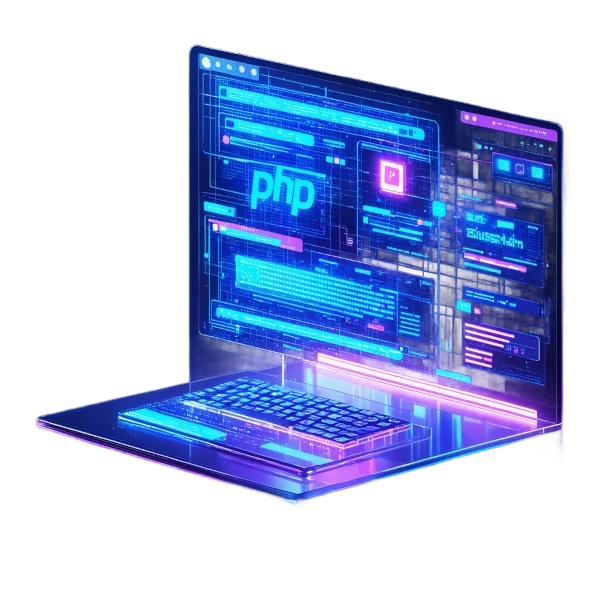 Illustration of a laptop representing code and PHP developments